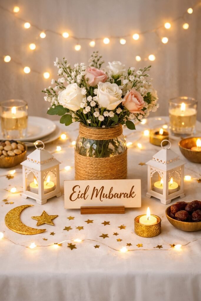 A beautifully styled budget Eid table — white tablecloth, DIY vase centrepiece, small lanterns, crescent and star decorations, gold star confetti scattered, Eid Mubarak sign, fairy lights, under £20 but stunning