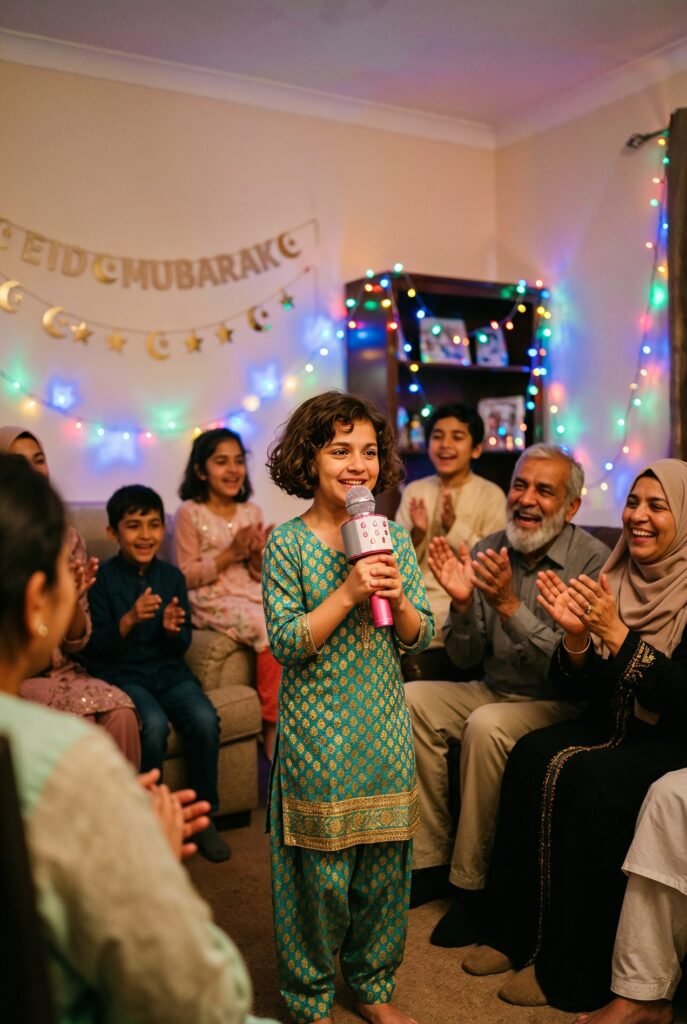 A child holding a karaoke microphone and singing confidently at a family party, colourful lights, family audience clapping and laughing, joyful and entertaining atmosphere