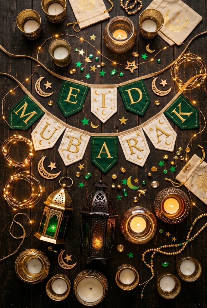 A collection of reusable Eid decoration essentials laid out — fabric Eid Mubarak bunting, warm fairy lights, small decorative lanterns and tea lights, gold and green tones, flat lay on dark background