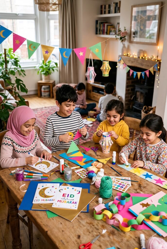  A craft table with children making DIY Eid decorations — paper bunting, decorated cards and paper lanterns, colourful craft supplies spread out, warm home setting, fun and creative family activity