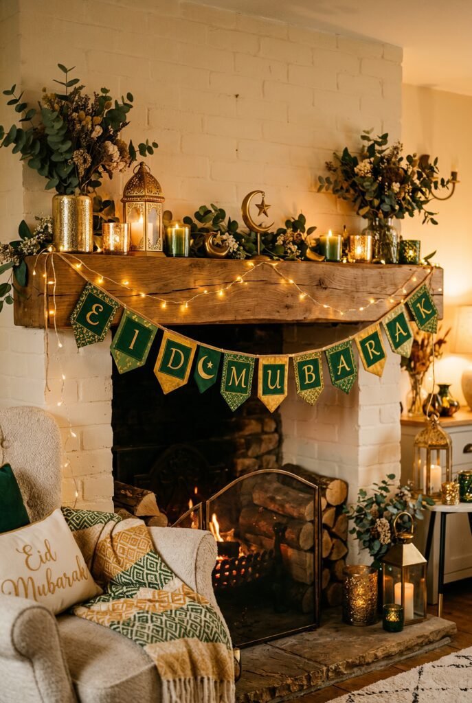 A fabric Eid Mubarak bunting hung across a fireplace mantelpiece, warm fairy lights draped alongside, gold and green colour scheme, cosy home setting, soft warm lighting