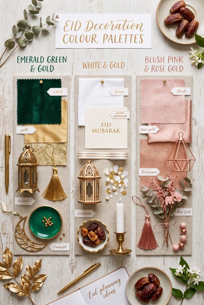 A flat lay mood board of Eid decoration colour palettes — emerald green and gold, white and gold, blush pink and rose gold swatches with small decor samples, elegant and organised planning aesthetic