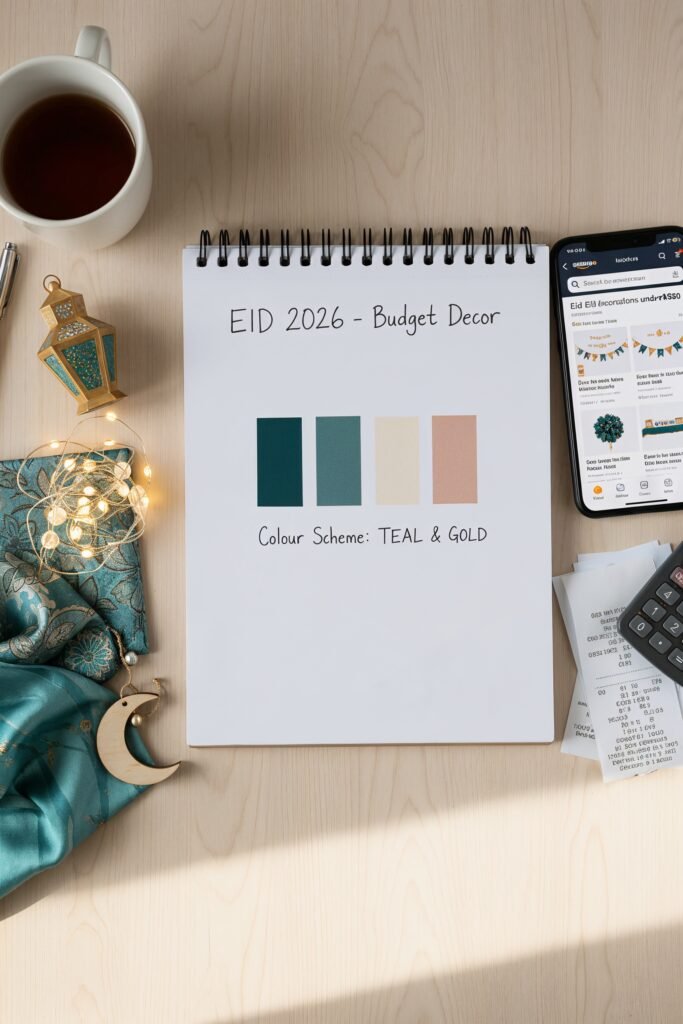 A flat lay of budget Eid decoration planning — notebook with colour scheme written, small decoration samples, a modest amount of cash, phone with Amazon open, organised and practical aesthetic