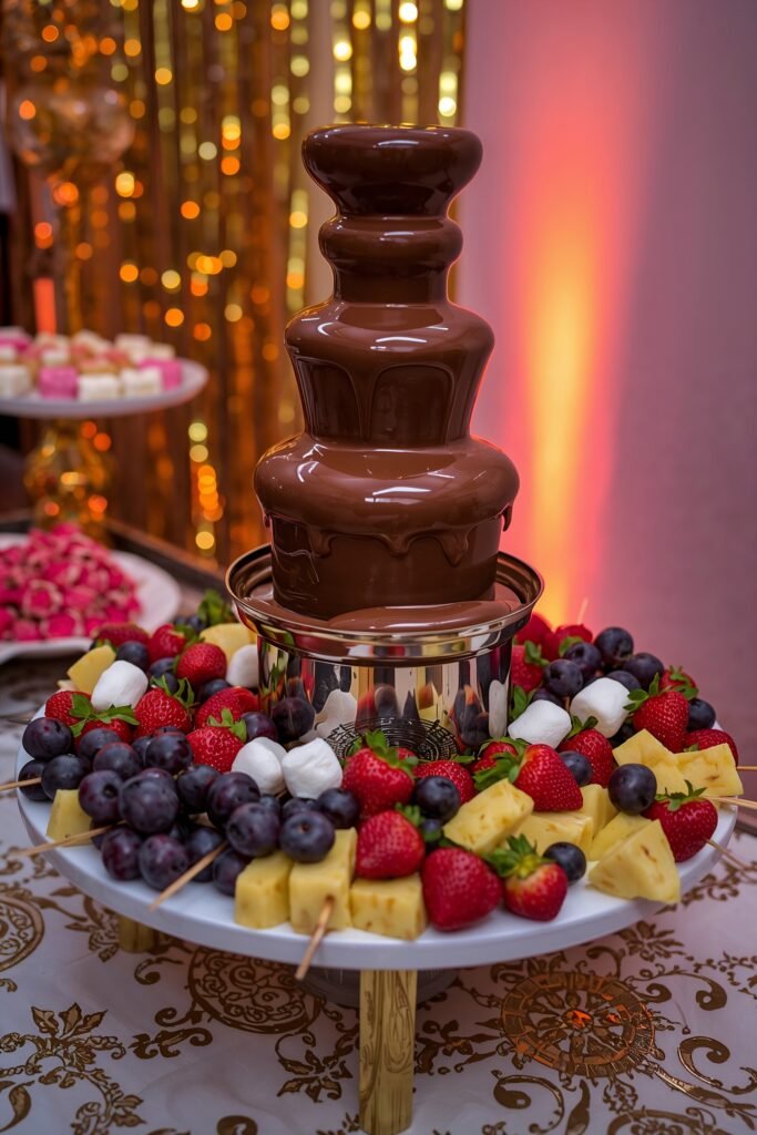 A flowing chocolate fountain surrounded by fresh strawberries, marshmallows, grapes and pineapple chunks on skewers, festive party table setting, warm golden lighting, celebratory atmosphere
