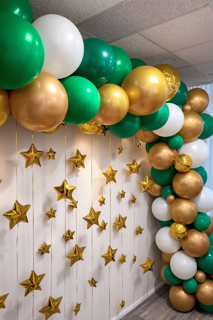 A homemade Eid balloon garland in emerald green, gold and white hanging across a wall, mixed balloon sizes, gold star foil balloons throughout, looks impressive and professional, warm festive lighting