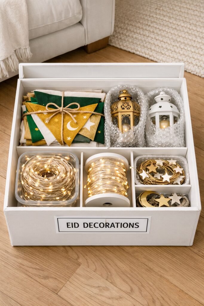 A labelled storage box being packed with reusable Eid decorations after the celebration — fabric bunting folded neatly, lanterns wrapped, fairy lights coiled, organised and satisfying, minimalist home aesthetic