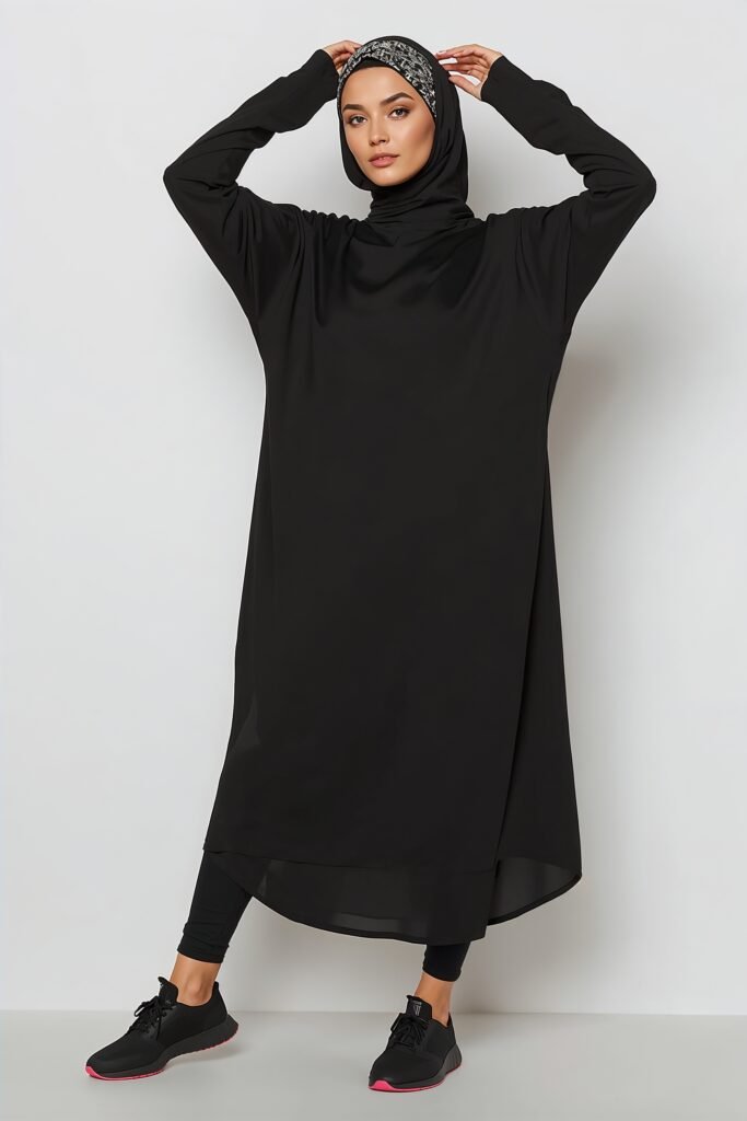 loose tunic with hijab and headband over leggings and trainers for modest gym wear