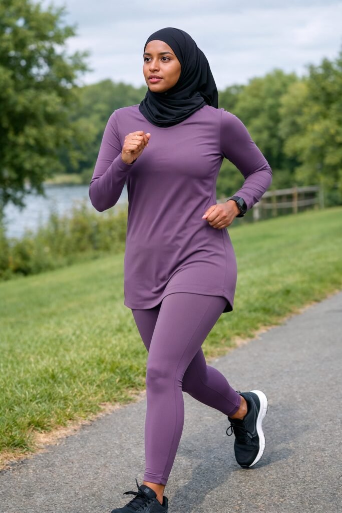 A matching set — leggings and longline top in the same colour. Looks intentional and put together with minimal effort. muslim Somali girl on outdoor run