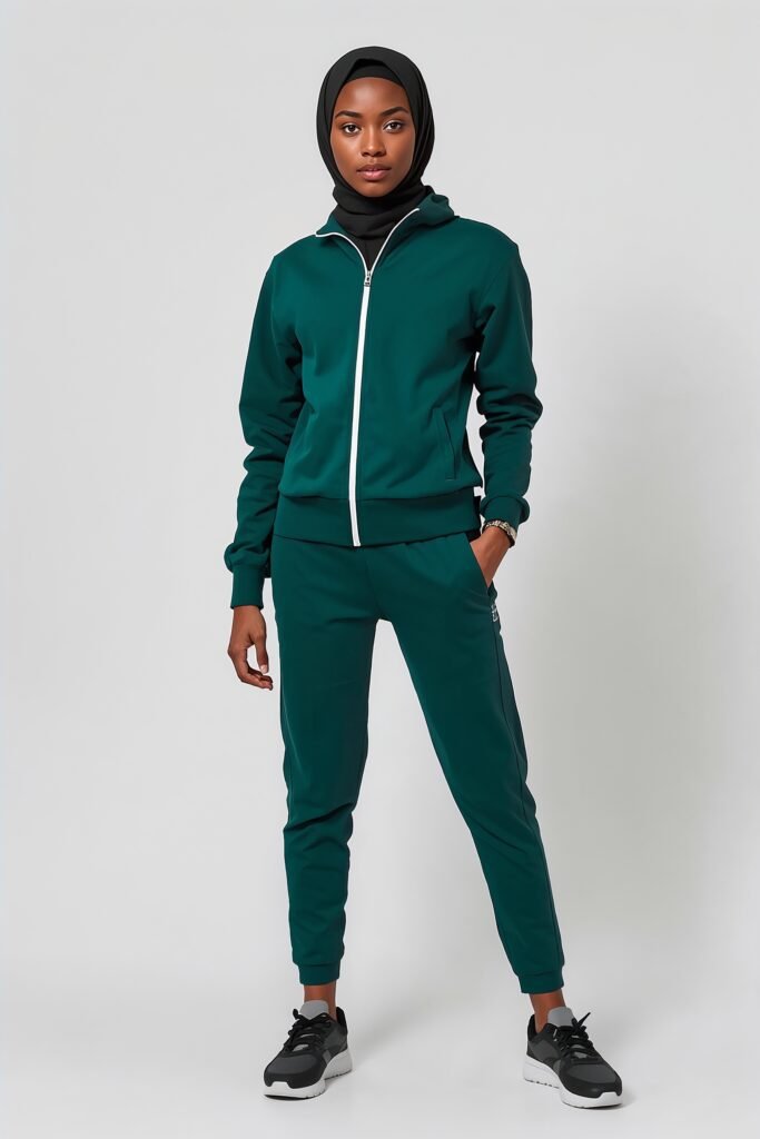 green matching modest tracksuit with hijab gym wear