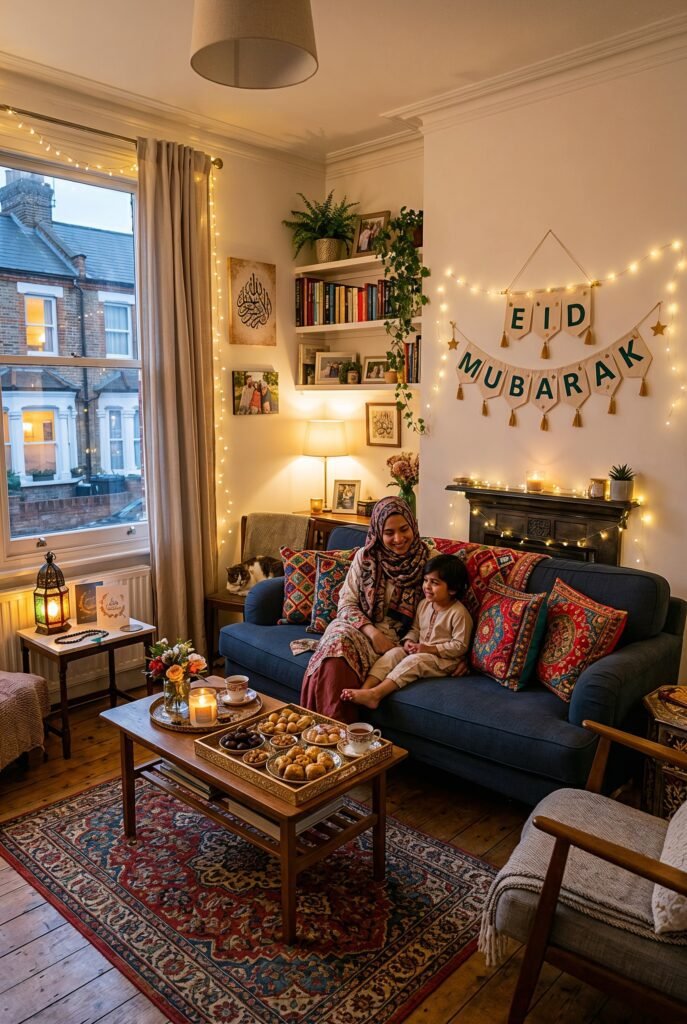 A simple but beautifully decorated Muslim home living room for Eid — fairy lights, a small banner and colourful cushions, warm cosy atmosphere, real and achievable rather than over the top, East London home aestheti