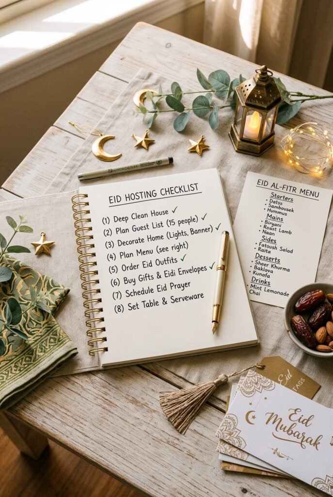 An organised Eid hosting checklist flat lay — notebook, pen, decorations samples, food menu written out, calm and organised aesthetic, warm lighting
