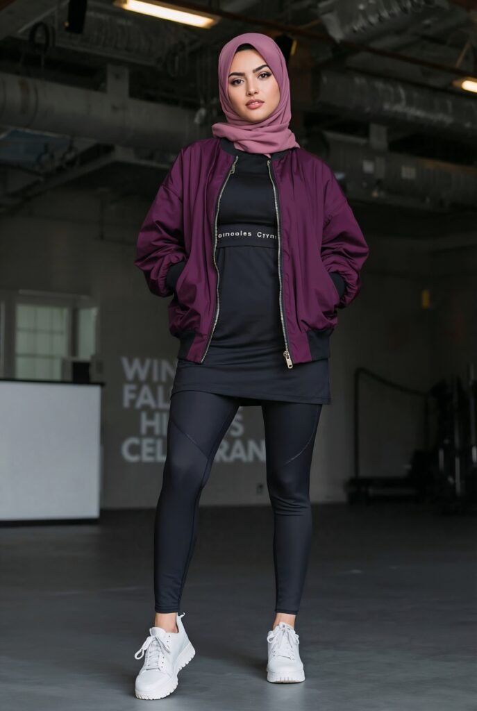 An oversized bomber style gym jacket over leggings and a fitted top. 