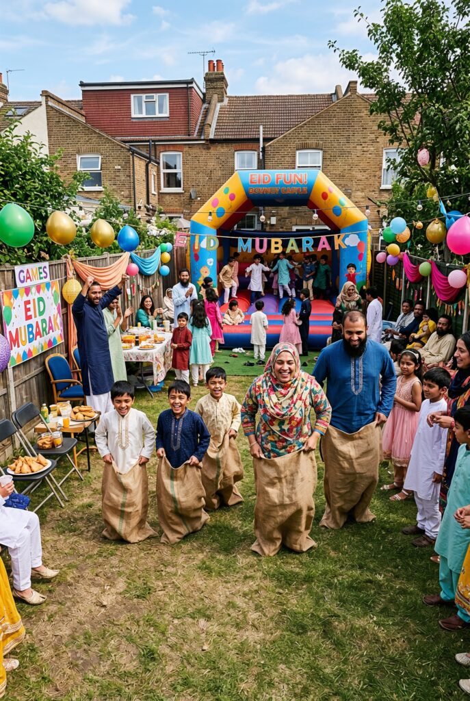 Children and adults playing party games at an Eid celebration outdoors, colourful decorations, bouncy castle in background, joyful atmosphere, East London garden party setting