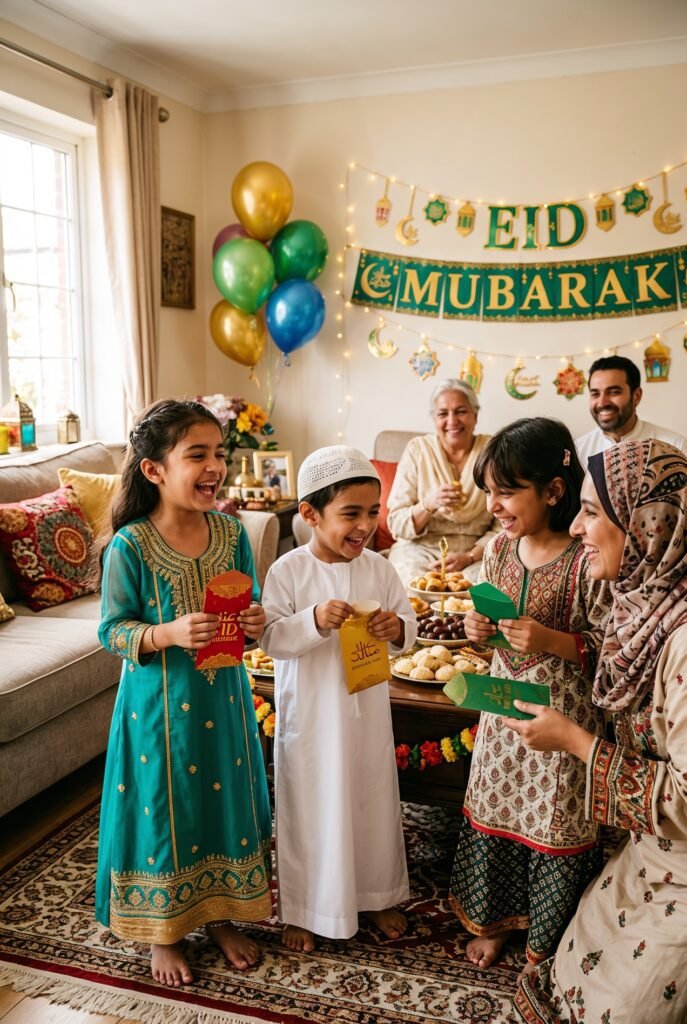 Children receiving Eid money envelopes on Eid morning, excited smiling faces, decorated living room with Eid Mubarak banner, warm festive morning lighting, joyful family atmosphere
