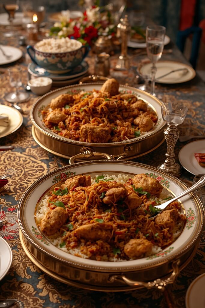 Large serving dishes of chicken biryani and lamb biryani on a decorated Eid table, garnished with fried onions and fresh coriander, gold tablecloth, festive South Asian celebration setting