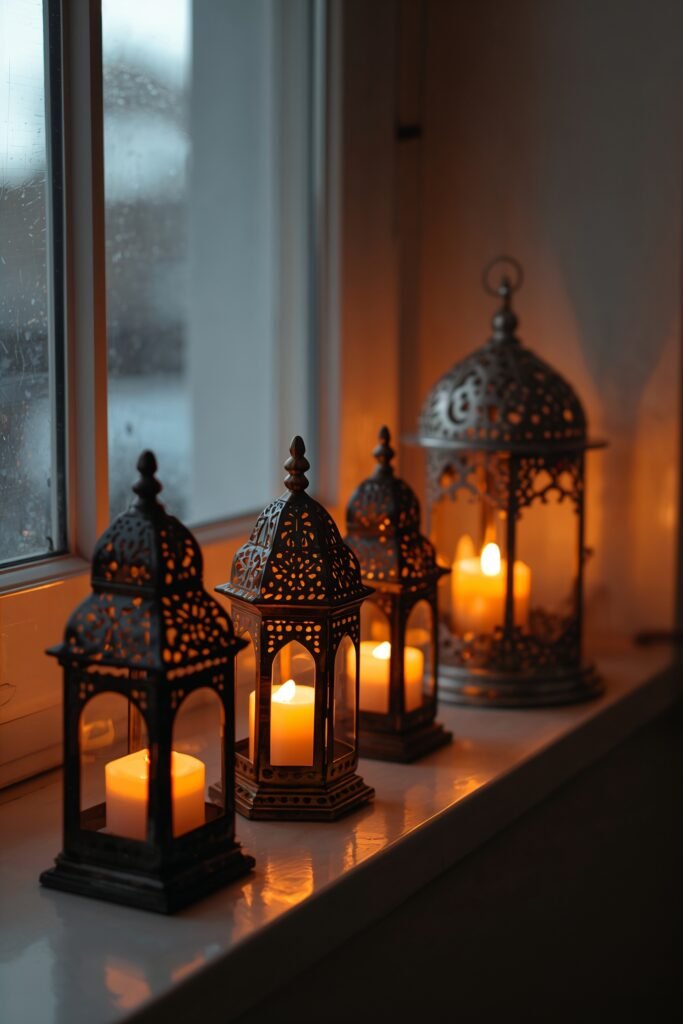 Small decorative metal and glass lanterns with tea lights arranged on a shelf or windowsill, warm flickering candlelight, Islamic aesthetic, simple and beautiful, budget home decor