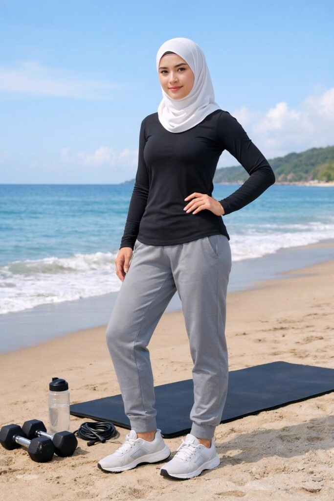 Tapered joggers that are slim but not tight paired with a fitted long sleeve top. More polished than the oversized look but still fully modest and comfortable.