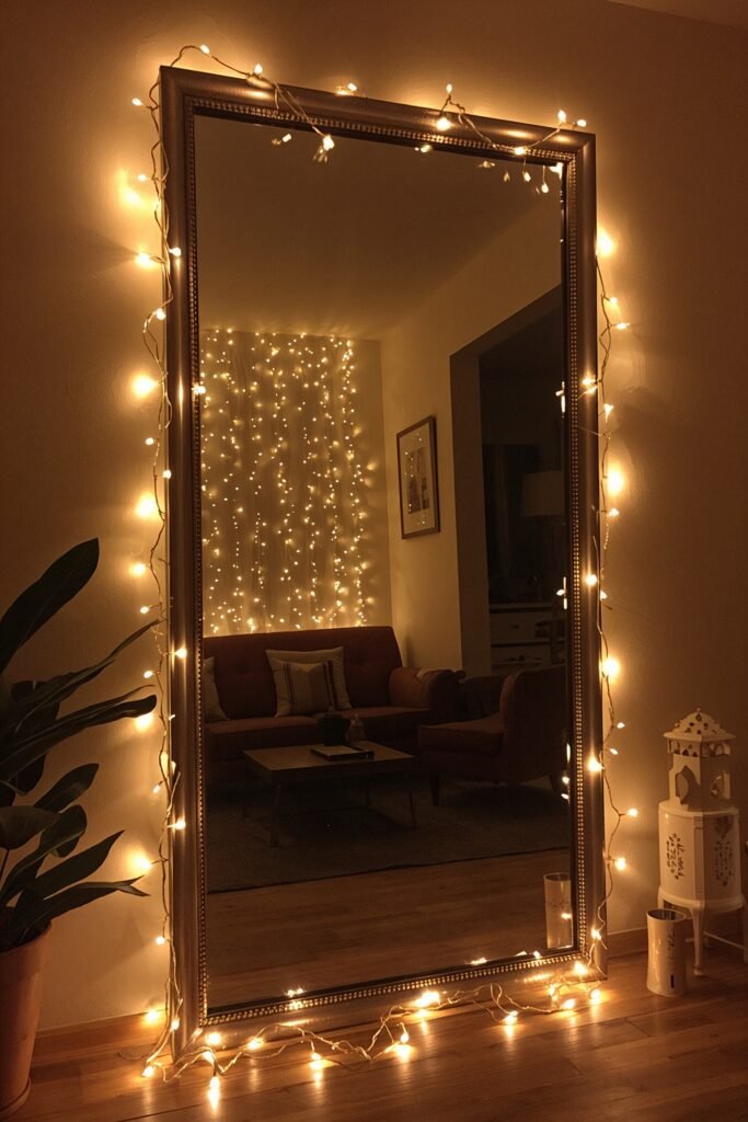 Warm white fairy lights draped around a large mirror in a home living room, soft golden glow, Eid decorations visible in reflection, magical and atmospheric, budget friendly home decor