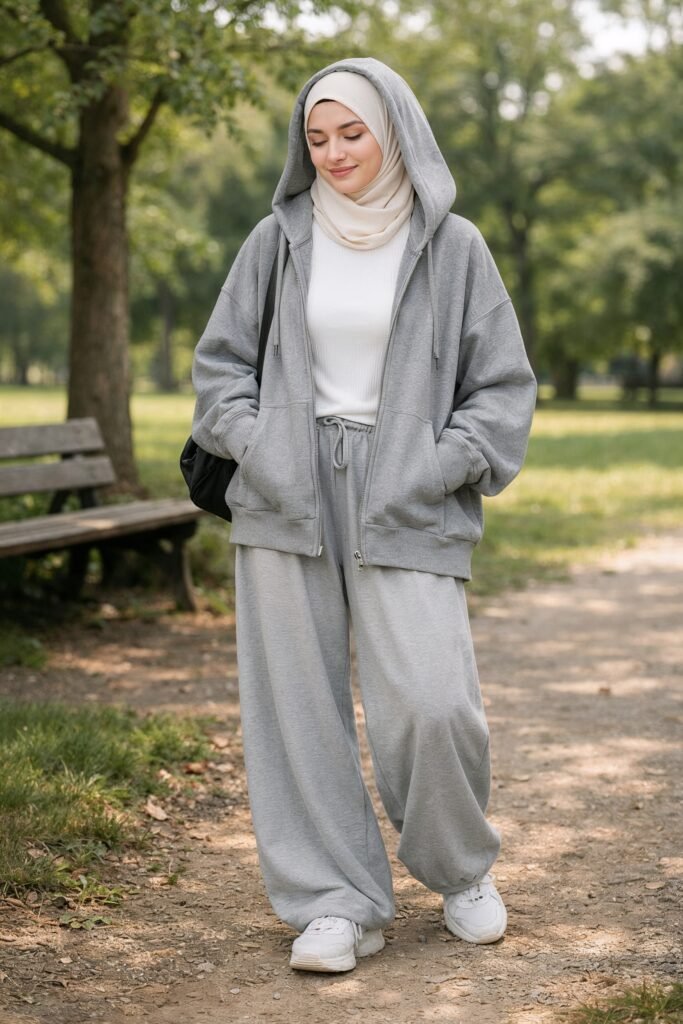 Wide leg joggers with a tank top and an oversized hoodie on top. Very relaxed, very comfortable, modest muslim white girl in a park setting realistic and aesthetic 