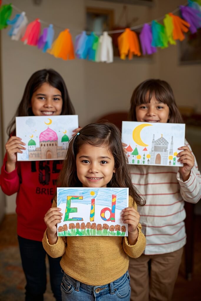 Young children proudly holding handmade Eid cards and paper bunting they created, colourful and imperfect in the most beautiful way, warm home setting, joyful and proud expressions