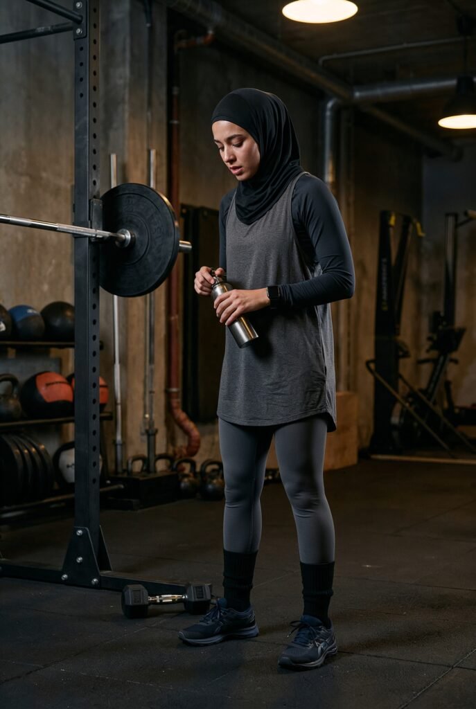 muslim hijabi girl wearing A loose vest or tank top layered over a fitted long sleeve underneath. 