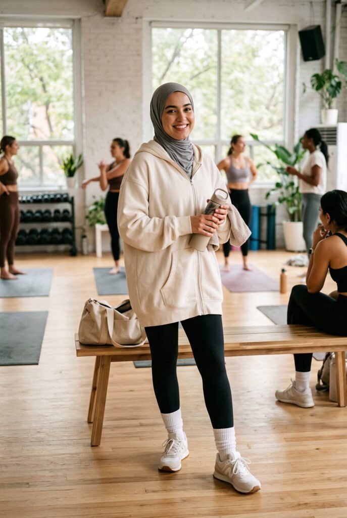 muslim hijabi wearing an oversized zip up hoodie covering down to mid thighs and leggings with sport socks over the leggings at the bottom. in a light gym 