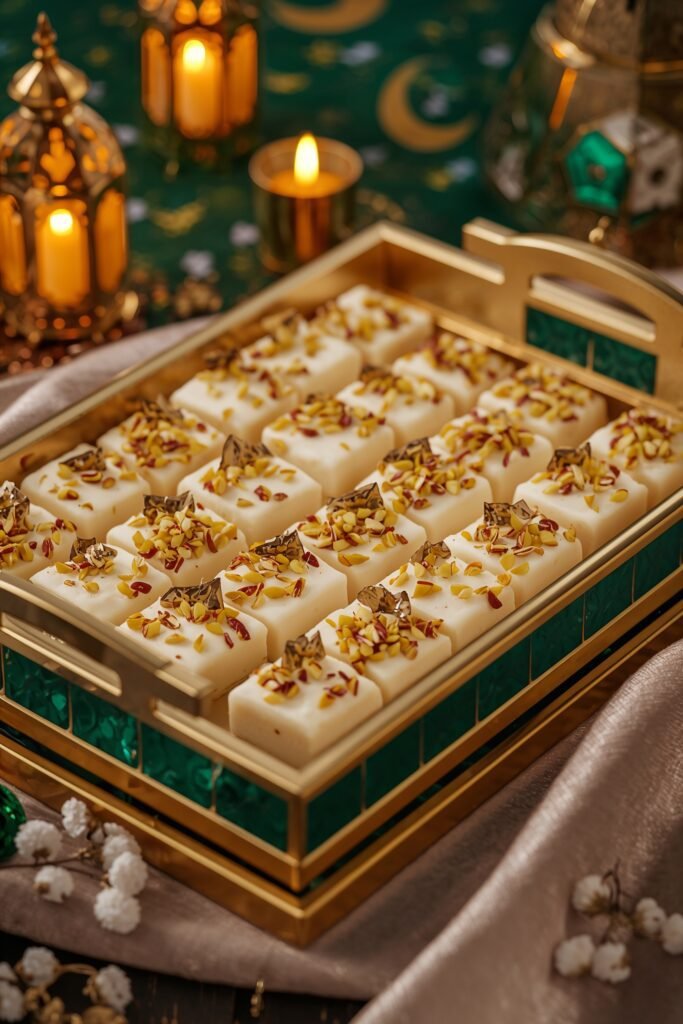 Luxury Eid milk cake tray, beautifully arranged square pieces of soft milk cake topped with pistachios and edible silver leaf (varak), placed in an elegant gold and emerald green tray, surrounded by Islamic geometric patterns, crescent moon and lantern decorations, warm festive lighting, premium dessert presentation, rich creamy texture, bakery display style, Eid celebration atmosphere, highly detailed, photorealistic, soft shadows, shallow depth of field, 4k food photography, studio lighting