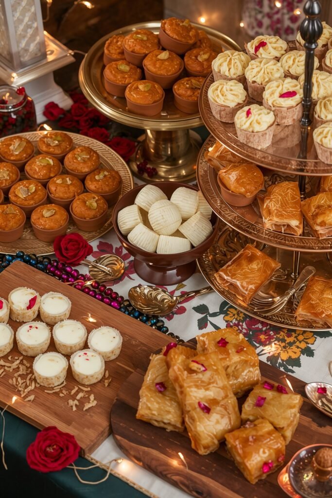 A beautiful display of traditional South Asian Eid sweets — firni in individual clay pots, milk cake sliced on a board, gulab jamun in a gold dish and baklava arranged on a tiered stand, warm festive lighting