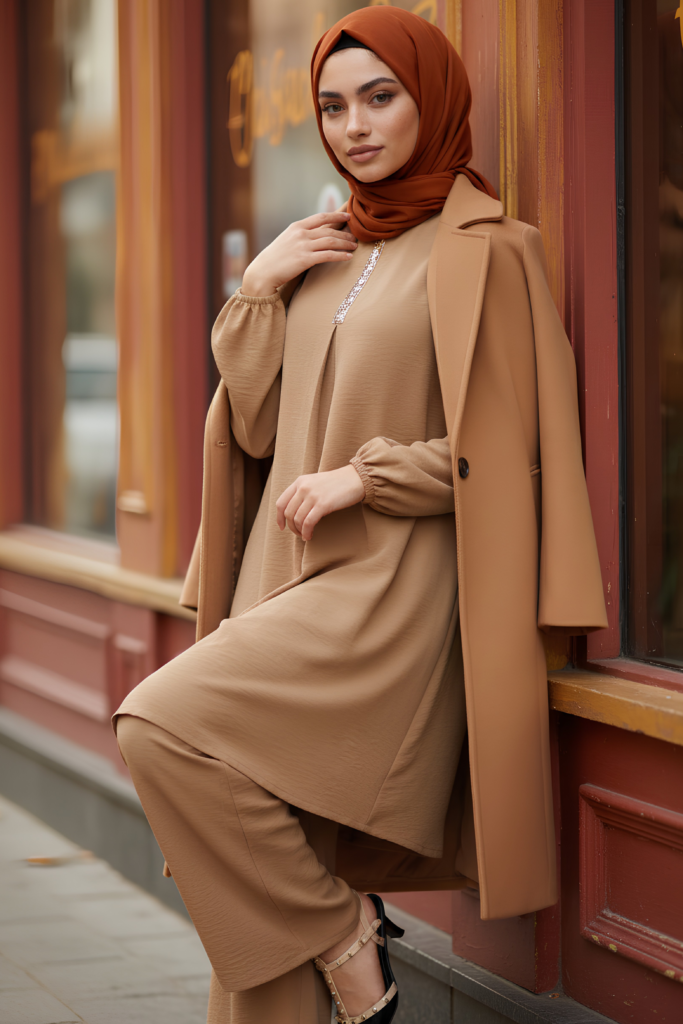 Camel long-line coat dress worn open, a modest autumn outfit staple
