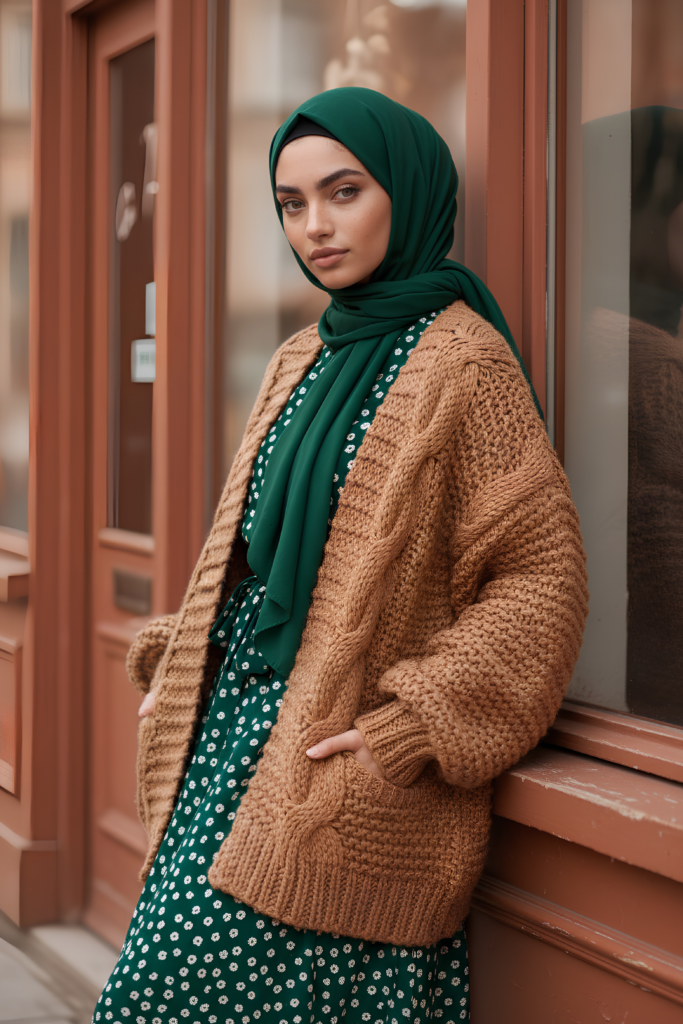 Camel chunky cardigan over a forest green polka dot dress, modest autumn layering