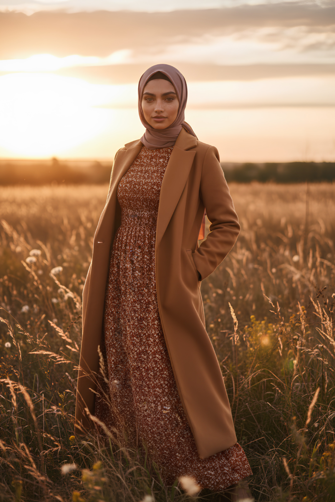 Camel wool coat over a rust floral midi dress in golden autumn light