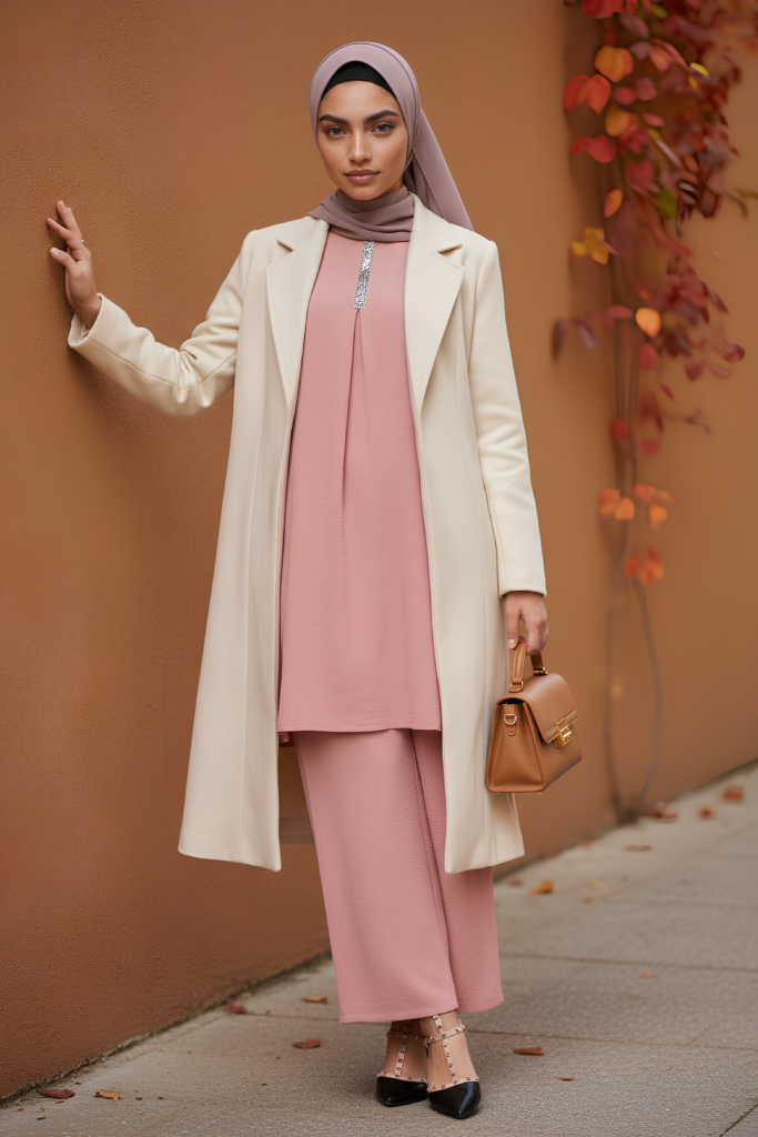 Cream trench coat over a blush pink co-ord with a tan bag