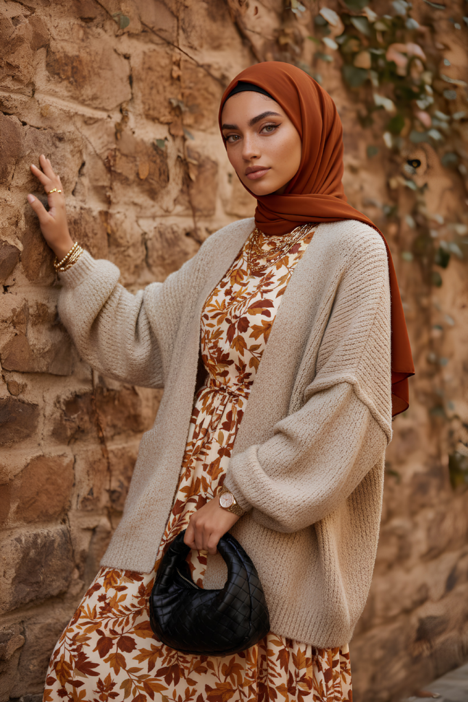 Oversized oatmeal cardigan over a rust floral dress, a cosy modest autumn outfit