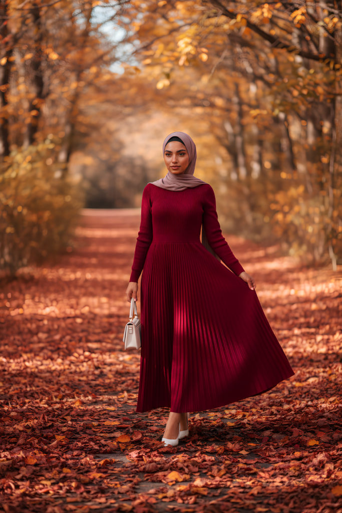Deep burgundy pleated midi dress, a modest autumn outfit that moves