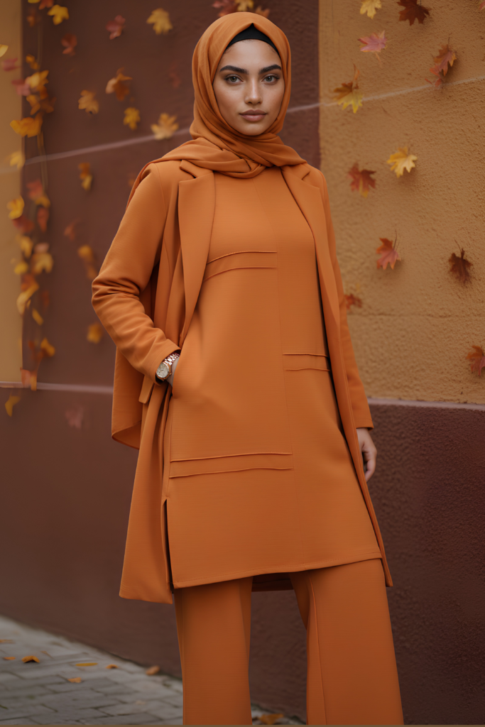 Rust ribbed knit two-piece with a long cardigan-coat, modest autumn layering
