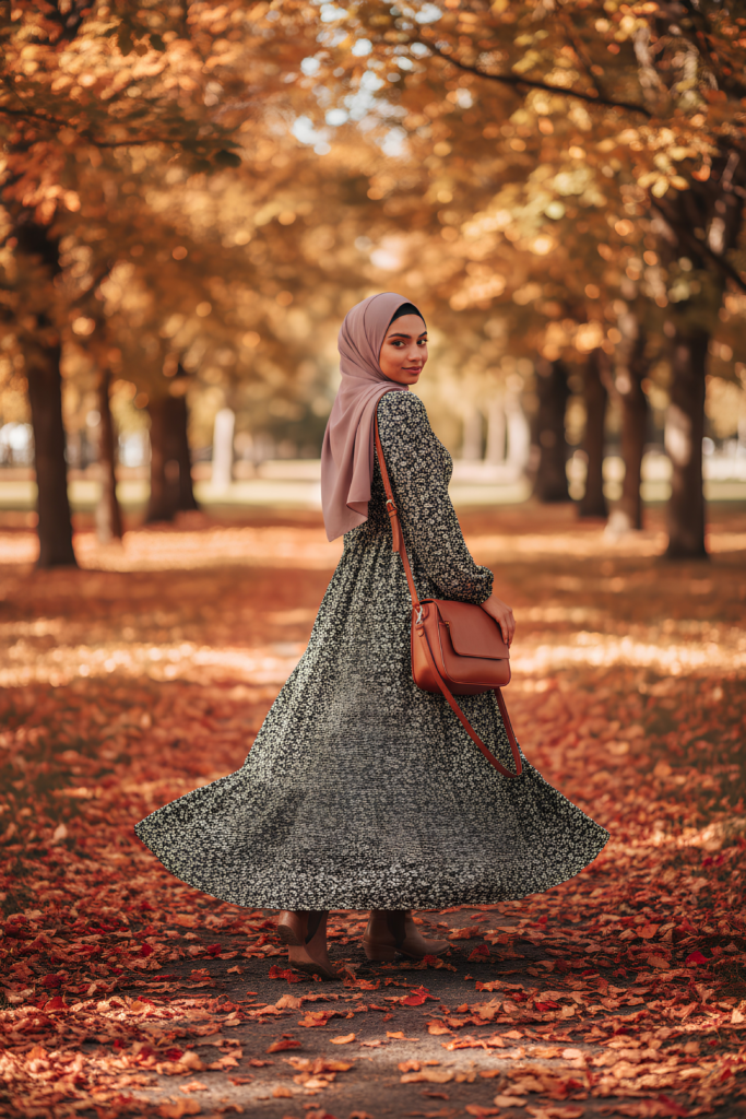 Dark ditsy floral maxi dress in green and black with a high neck and long sleeves