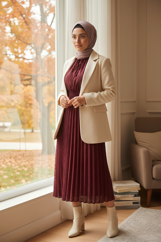 Burgundy pleated dress under a cream blazer, a quick modest autumn outfit