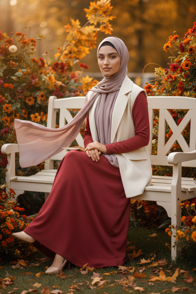 Burgundy maxi dress with a cream longline vest, a modest autumn outfit