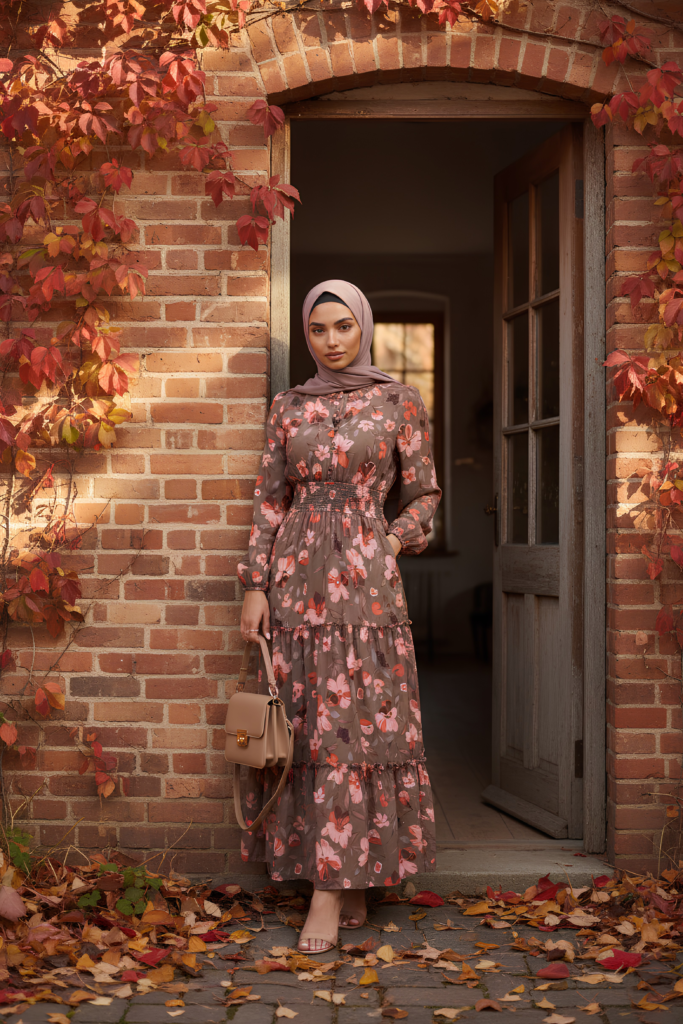 Warm taupe floral maxi dress with a tan bag, modest autumn outfit for errands