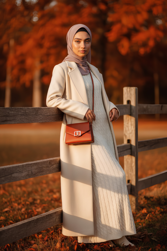 Cream wool coat over a knit midi dress - a modest autumn outfit with a rust crossbody bag