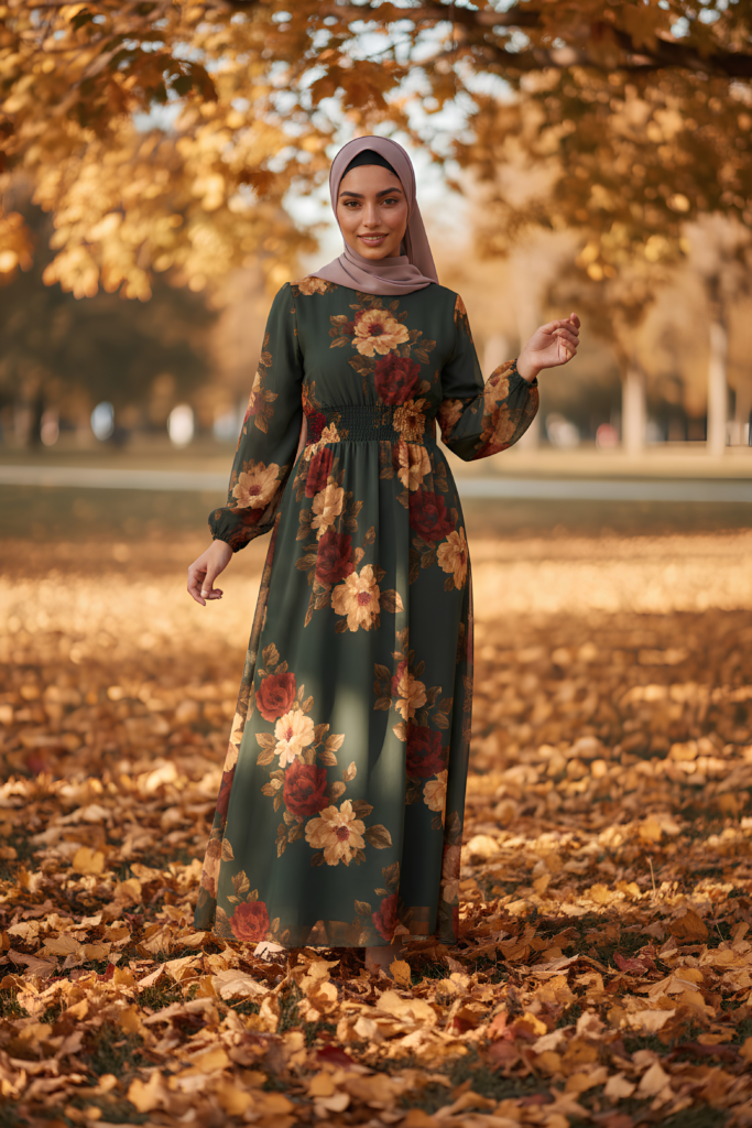 Deep green floral maxi dress with rust and burgundy blooms, modest autumn style