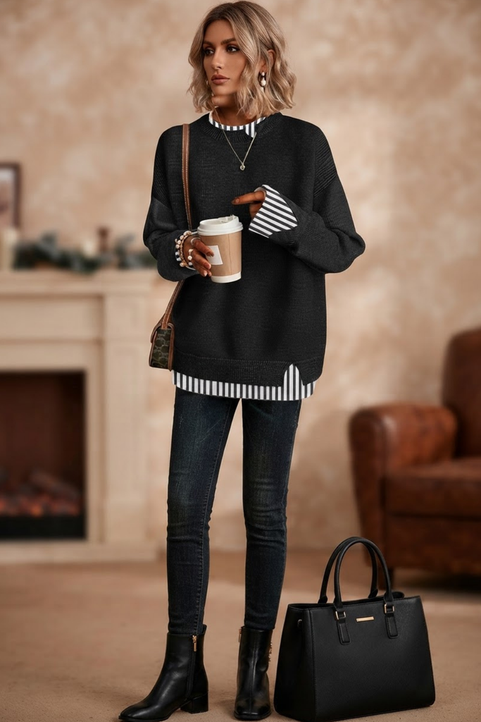 Black knit sweater dress for a winter date night outfit