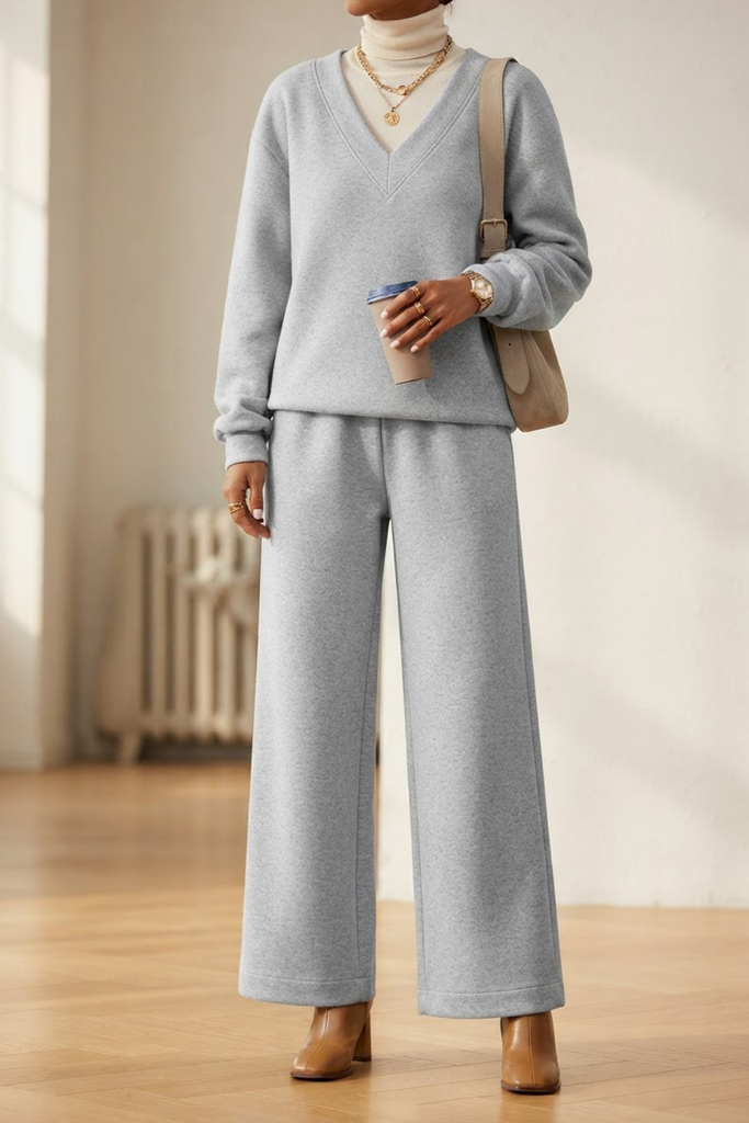 Light grey loungewear matching set for a cosy airport outfit winter