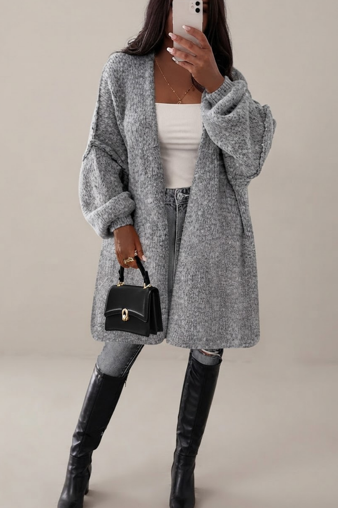Grey long line cardigan styled as a winter date night outfit idea