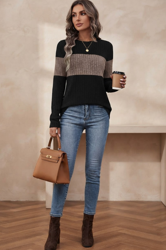 Black and tan colourblock long sleeve top for a winter dress outfit
