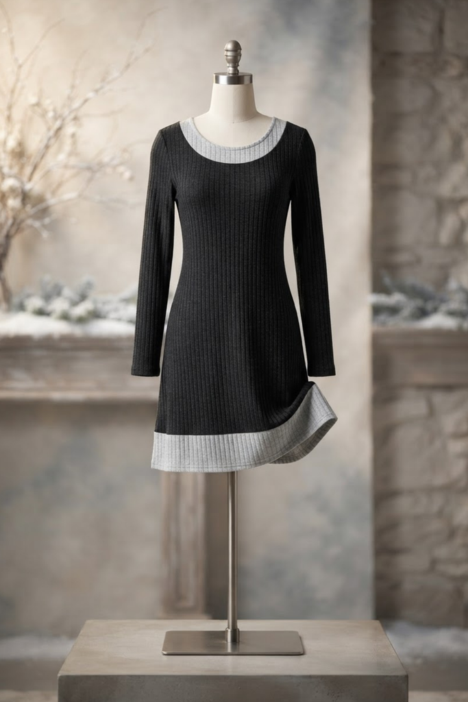 Black winter dress worn as a complete winter outfit