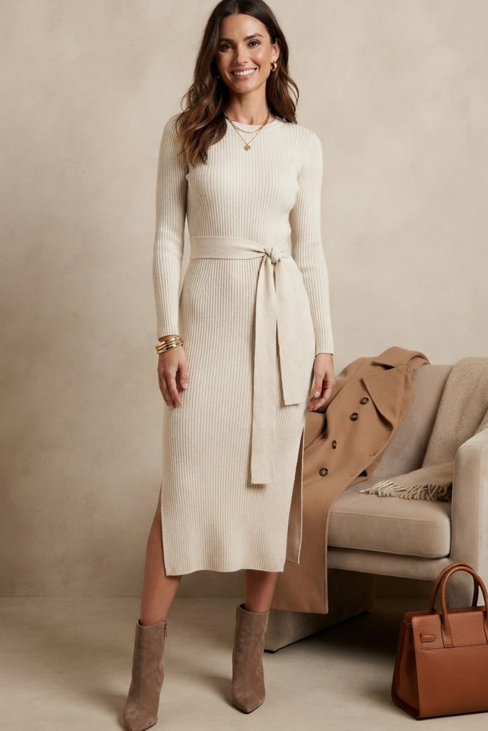 Cream long sleeve bodycon midi sweater dress, a versatile winter outfit idea
