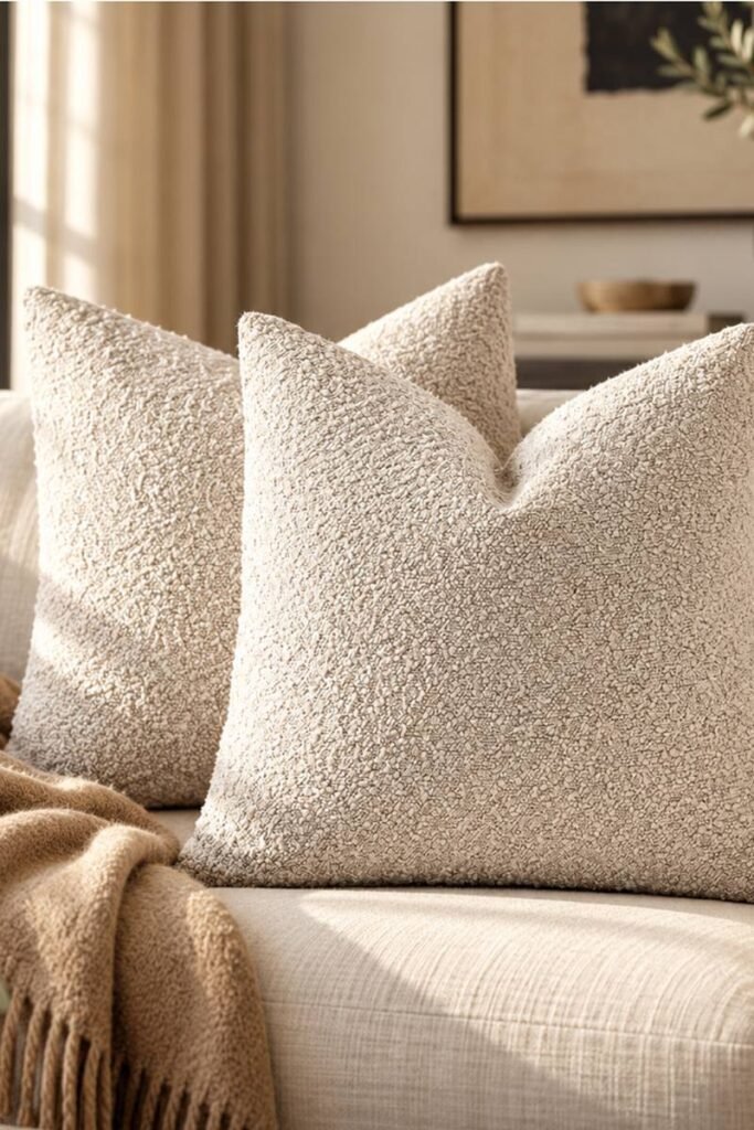 Beige boucle throw pillow covers styled on a neutral linen sofa for a quiet luxury autumn living room