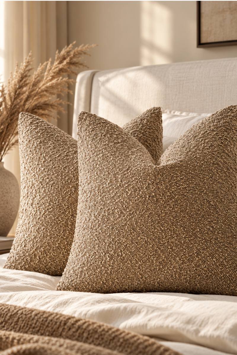 Camel boucle cushion covers layered on a cosy autumn armchair