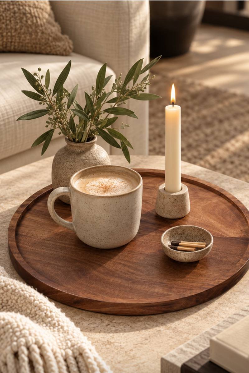 Round acacia wood serving tray styled with candles on an ottoman
